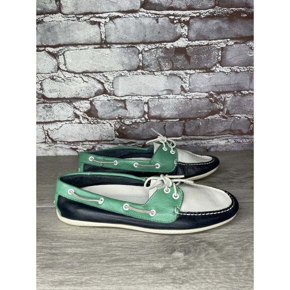 LL Bean Blue Green White Leather Preppy Loafers Boat Shoes Women Sz 9M US/39.5EU - Picture 14 of 16
